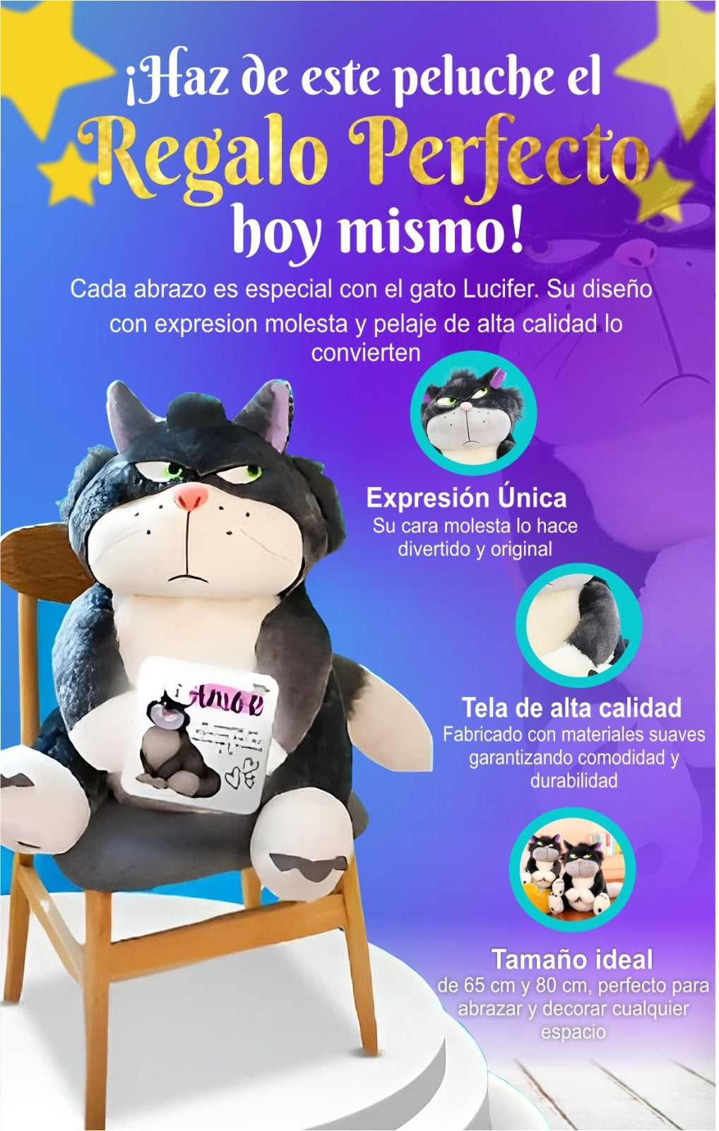 GATO LUCIFER 65 CM + TARJETA PERZONALIZADA DE AMOR 💖🤩
