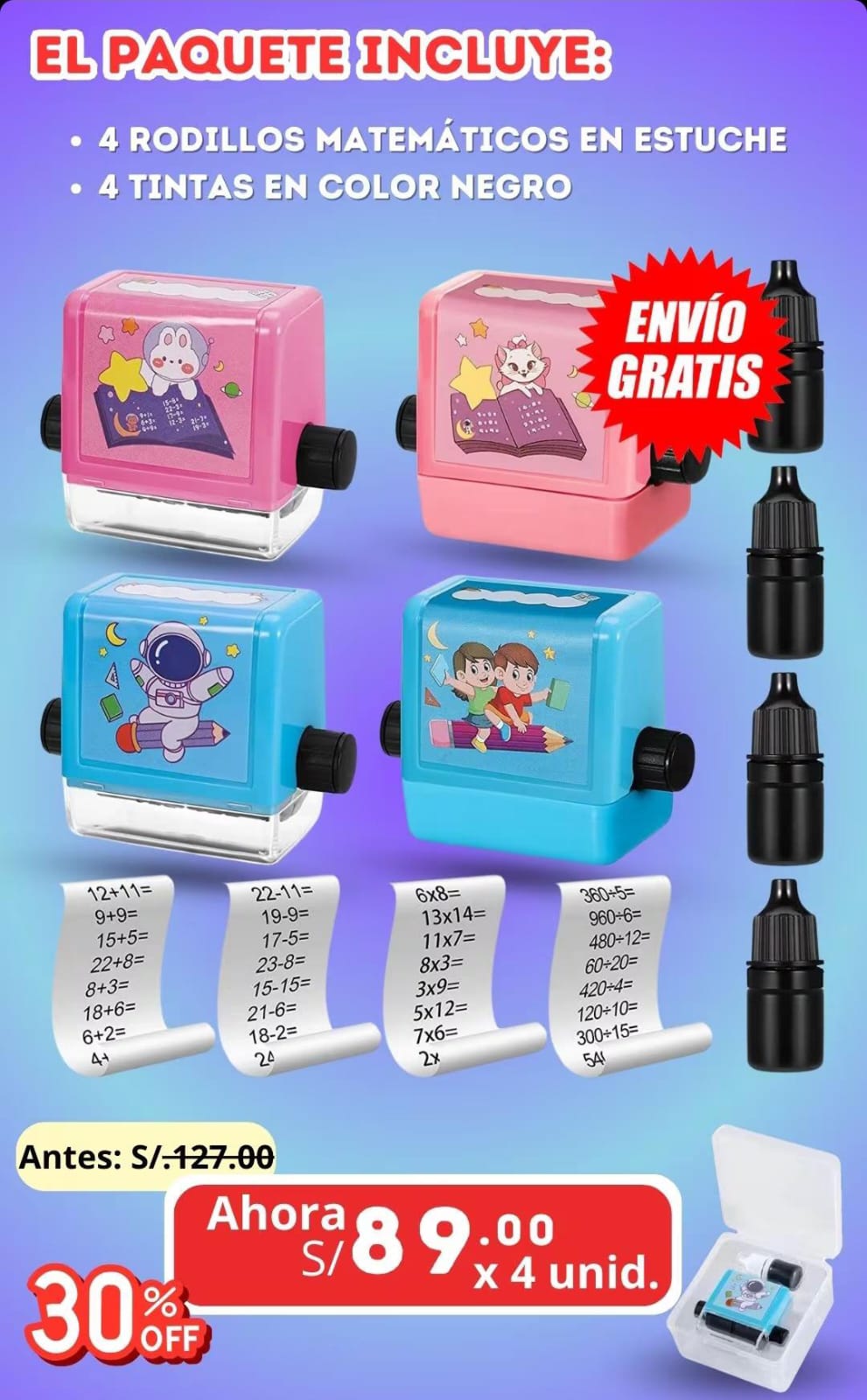 SET DE 4 RODILLOS MATEMATICOS EDUCATIVOS