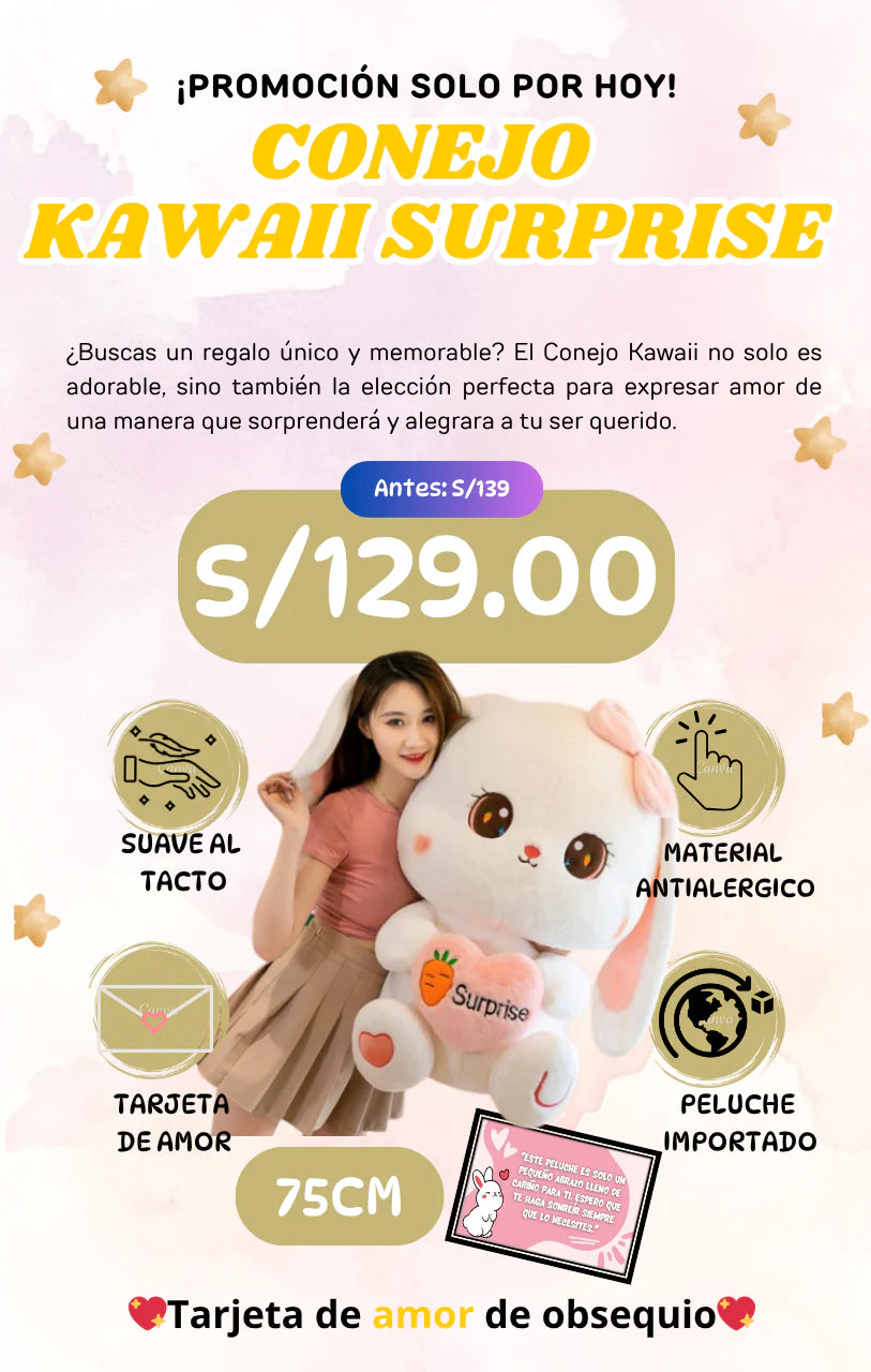 PELUCHE CONEJO KAWAI + TARJETA PERSONALIZADA 😍